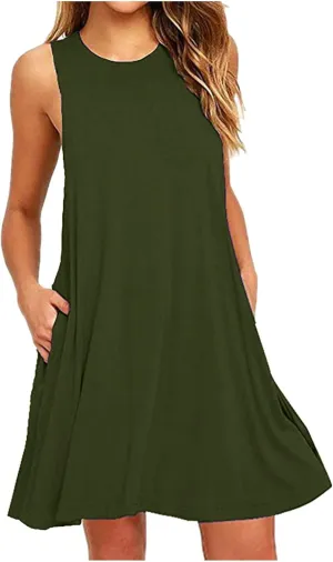 Womens Sundresses 2024 Summer Casual Sleeveless Round Neck Mini Dress with Pockets Solid Flowy Short Beach Dress