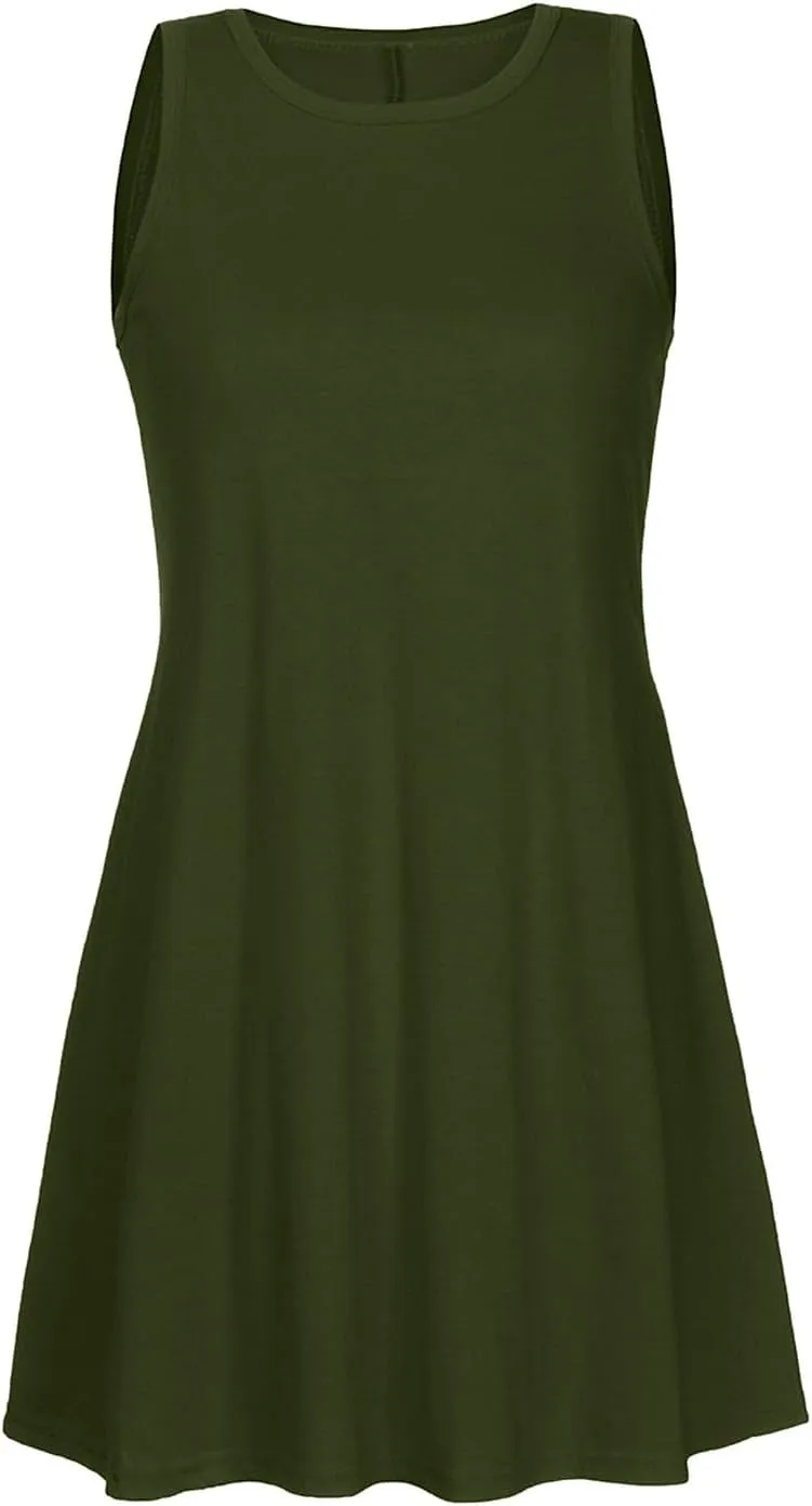 Womens Sundresses 2024 Summer Casual Sleeveless Round Neck Mini Dress with Pockets Solid Flowy Short Beach Dress