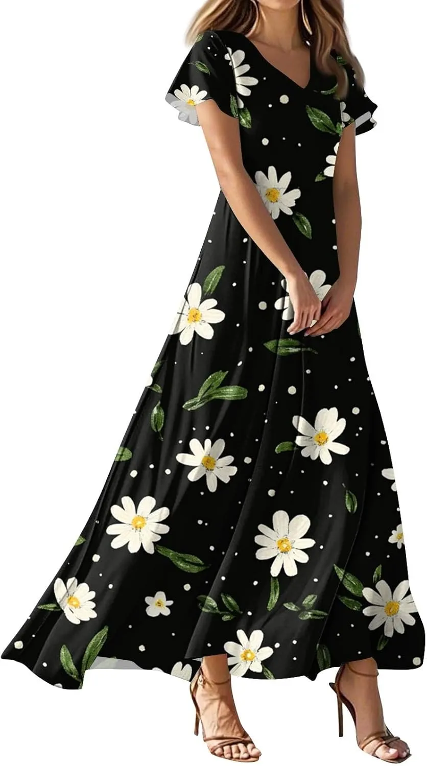 Women's Sundresses 2025 Casual Loose Trendy Short Sleeve V-Neck Floral Printed Beach Boho Maxi Dress, XS-2XL
