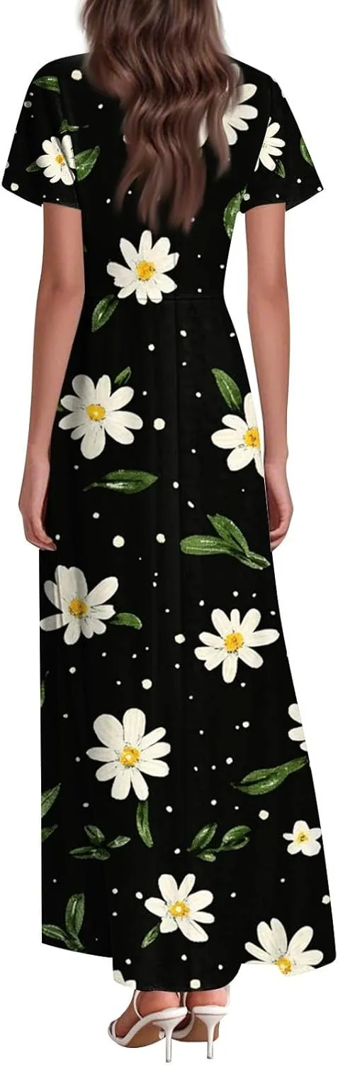 Women's Sundresses 2025 Casual Loose Trendy Short Sleeve V-Neck Floral Printed Beach Boho Maxi Dress, XS-2XL