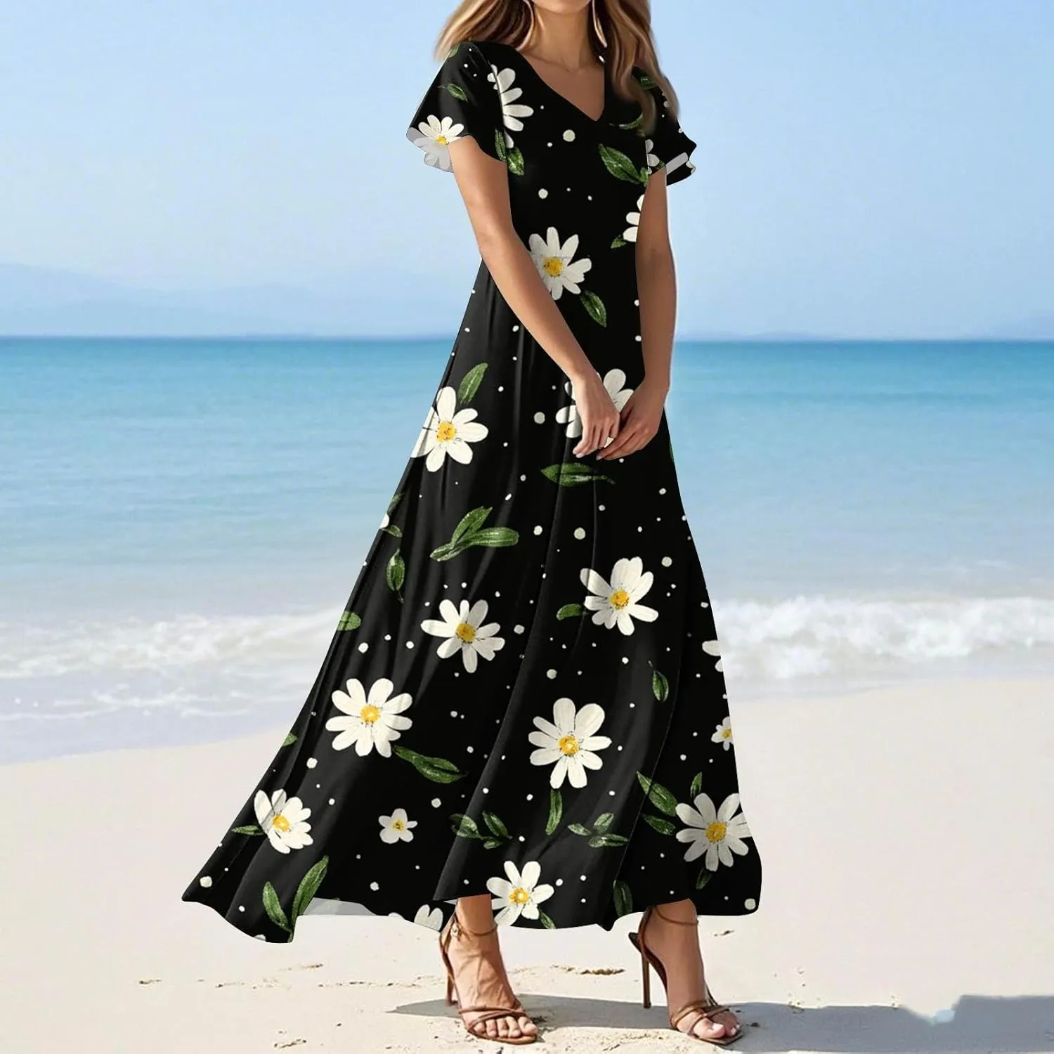 Women's Sundresses 2025 Casual Loose Trendy Short Sleeve V-Neck Floral Printed Beach Boho Maxi Dress, XS-2XL