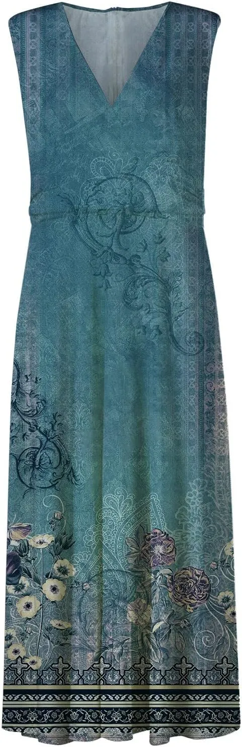 Women's Sundresses 2025 V-Neck Floral Print Sleeveless Casual Swing High Waist Long Maxi Dress, S-3XL