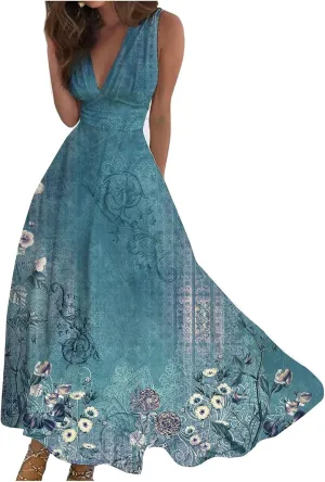 Women's Sundresses 2025 V-Neck Floral Print Sleeveless Casual Swing High Waist Long Maxi Dress, S-3XL