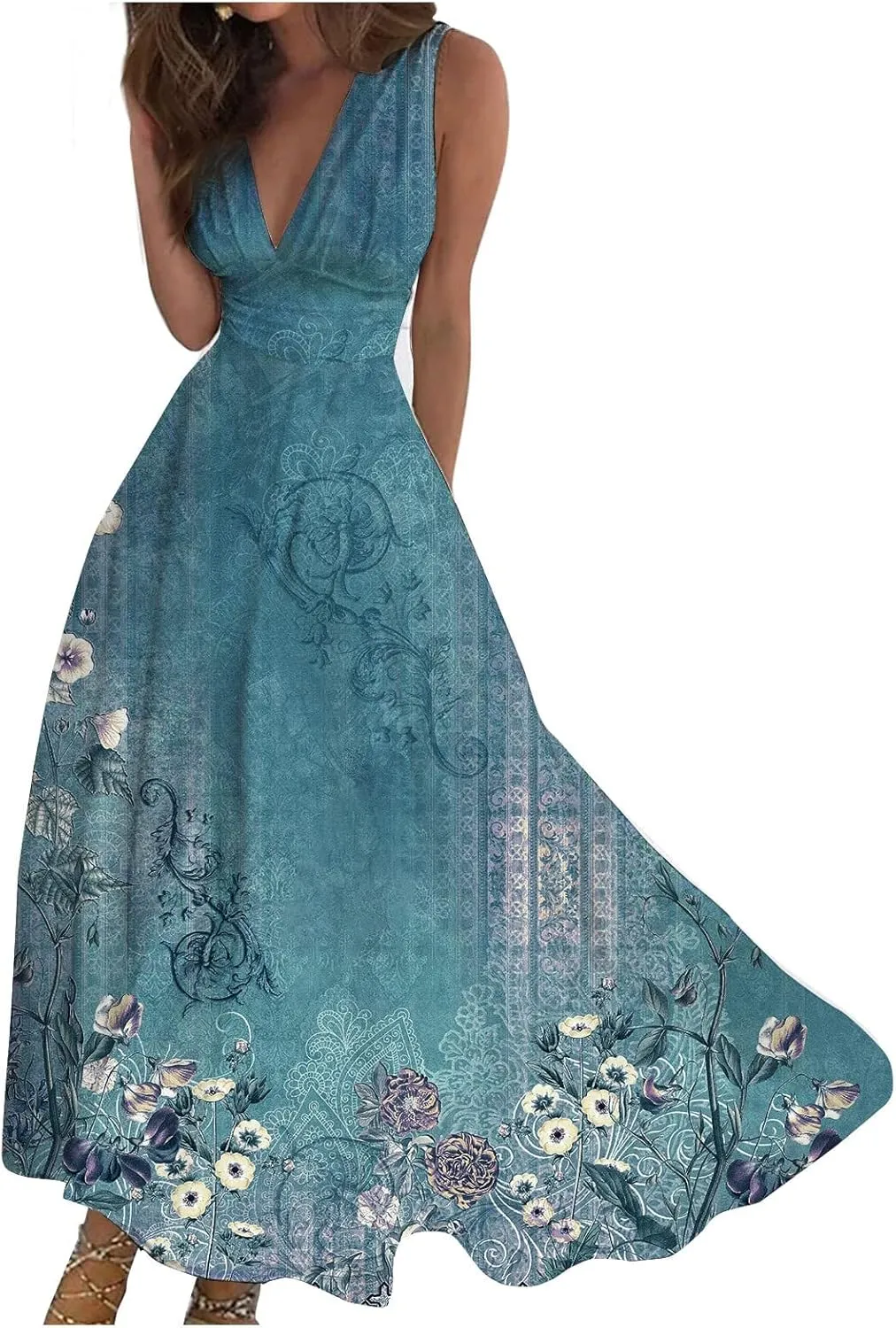 Women's Sundresses 2025 V-Neck Floral Print Sleeveless Casual Swing High Waist Long Maxi Dress, S-3XL