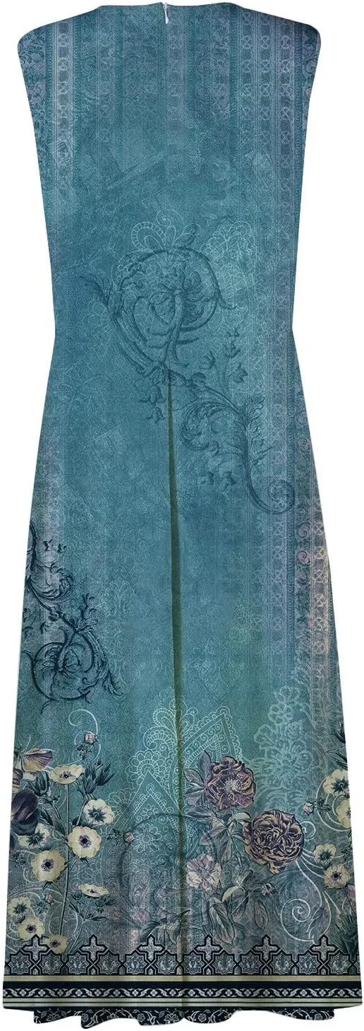 Women's Sundresses 2025 V-Neck Floral Print Sleeveless Casual Swing High Waist Long Maxi Dress, S-3XL