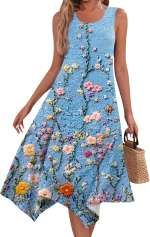Women's Sundresses Round Neck Sleeveless Tank Dress Vintage Floral Print with Irregular Hem Mid Casual Dresses, S-2XL