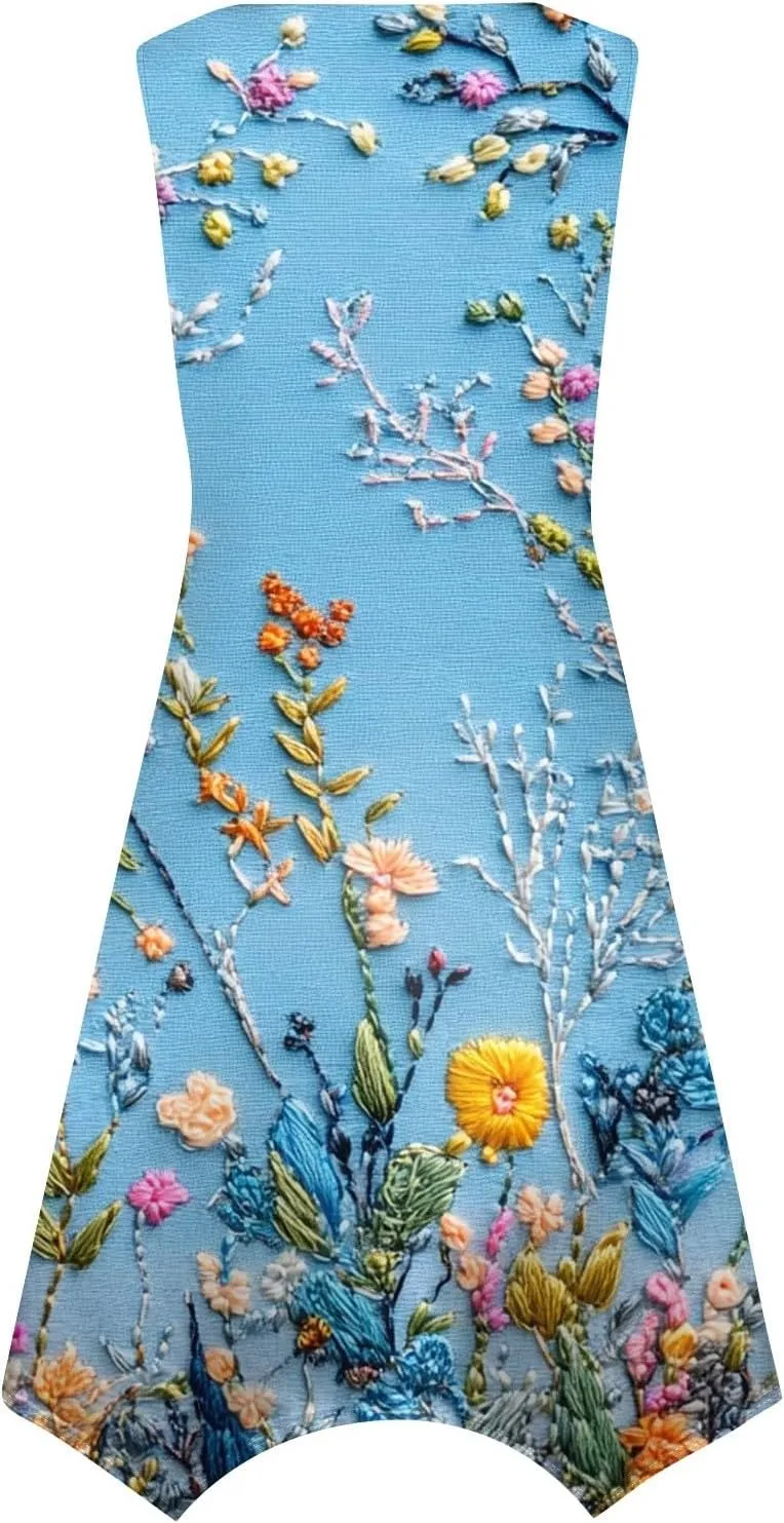 Women's Sundresses Round Neck Sleeveless Tank Dress Vintage Floral Print with Irregular Hem Mid Casual Dresses, S-2XL