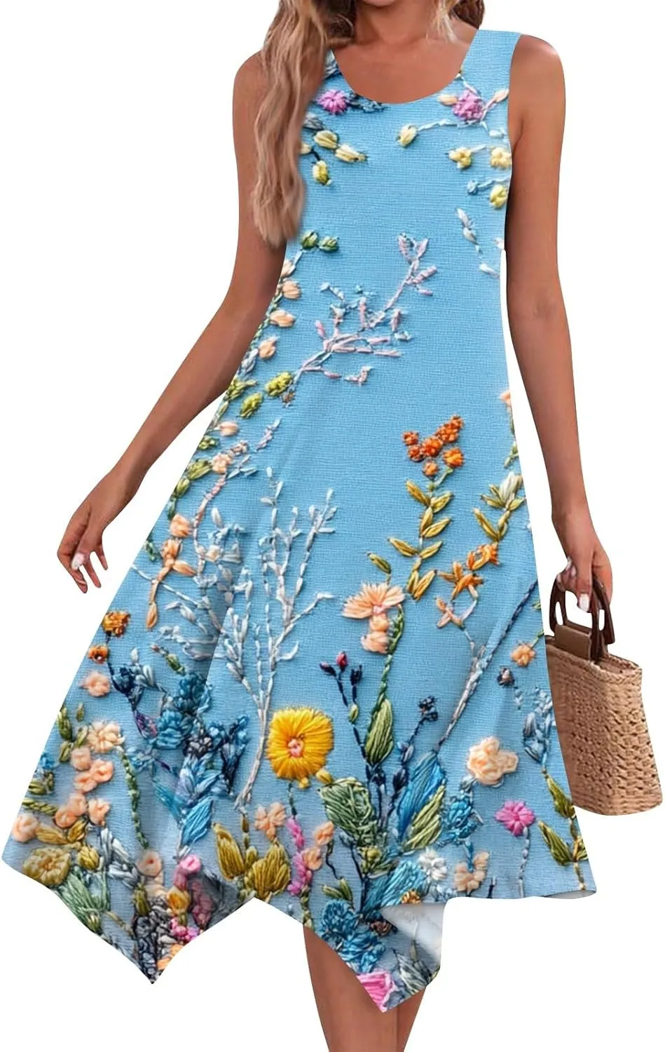 Women's Sundresses Round Neck Sleeveless Tank Dress Vintage Floral Print with Irregular Hem Mid Casual Dresses, S-2XL