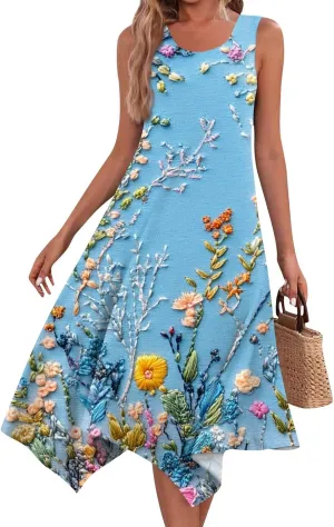 Women's Sundresses Round Neck Sleeveless Tank Dress Vintage Floral Print with Irregular Hem Mid Casual Dresses, S-2XL