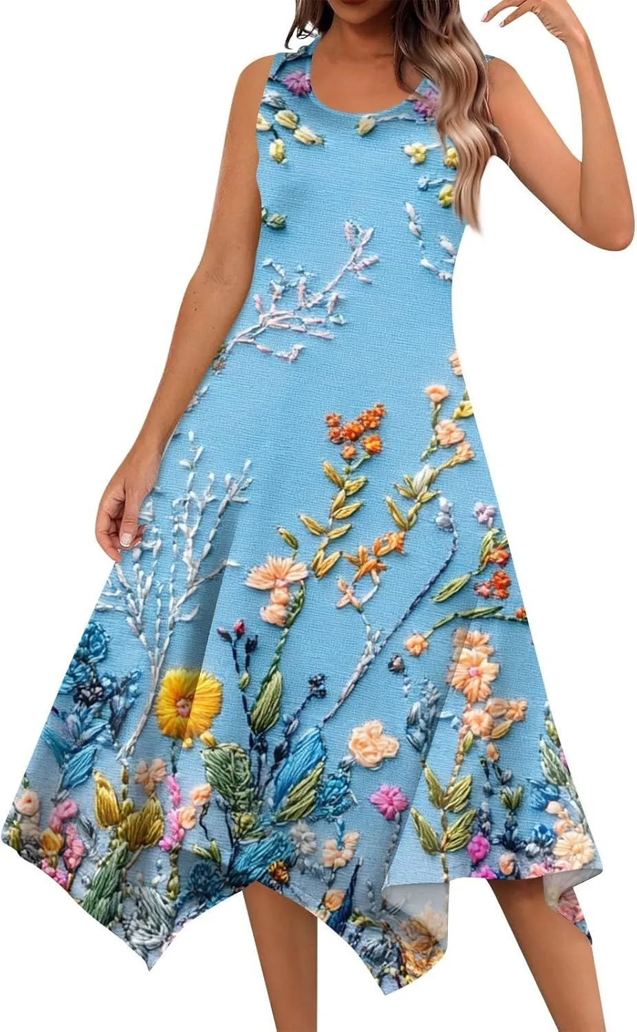 Women's Sundresses Round Neck Sleeveless Tank Dress Vintage Floral Print with Irregular Hem Mid Casual Dresses, S-2XL