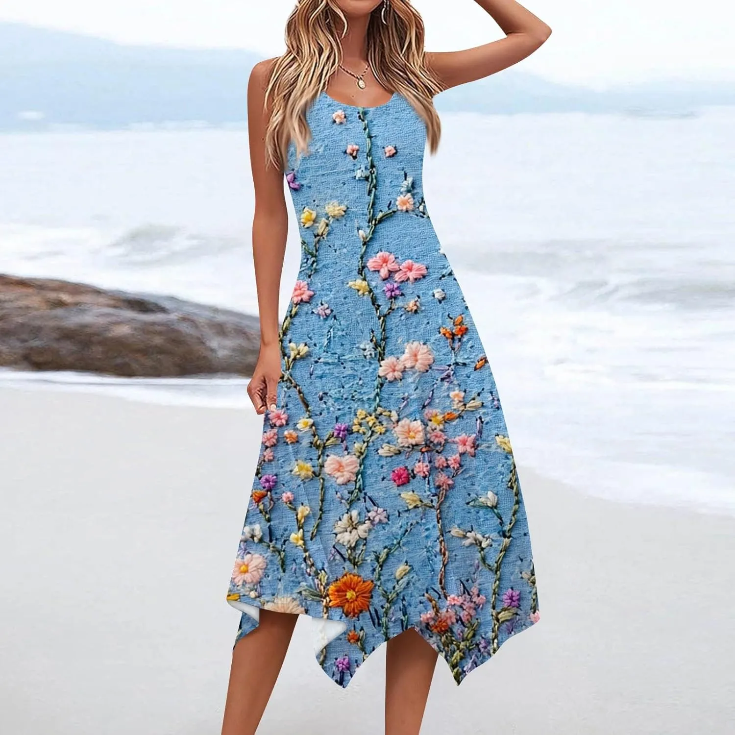 Women's Sundresses Round Neck Sleeveless Tank Dress Vintage Floral Print with Irregular Hem Mid Casual Dresses, S-2XL