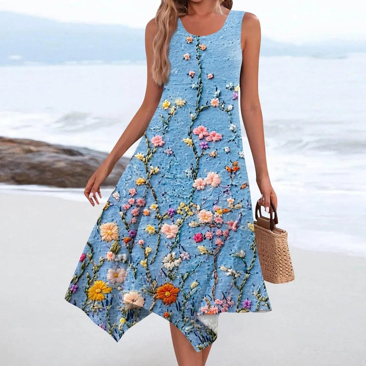 Women's Sundresses Round Neck Sleeveless Tank Dress Vintage Floral Print with Irregular Hem Mid Casual Dresses, S-2XL