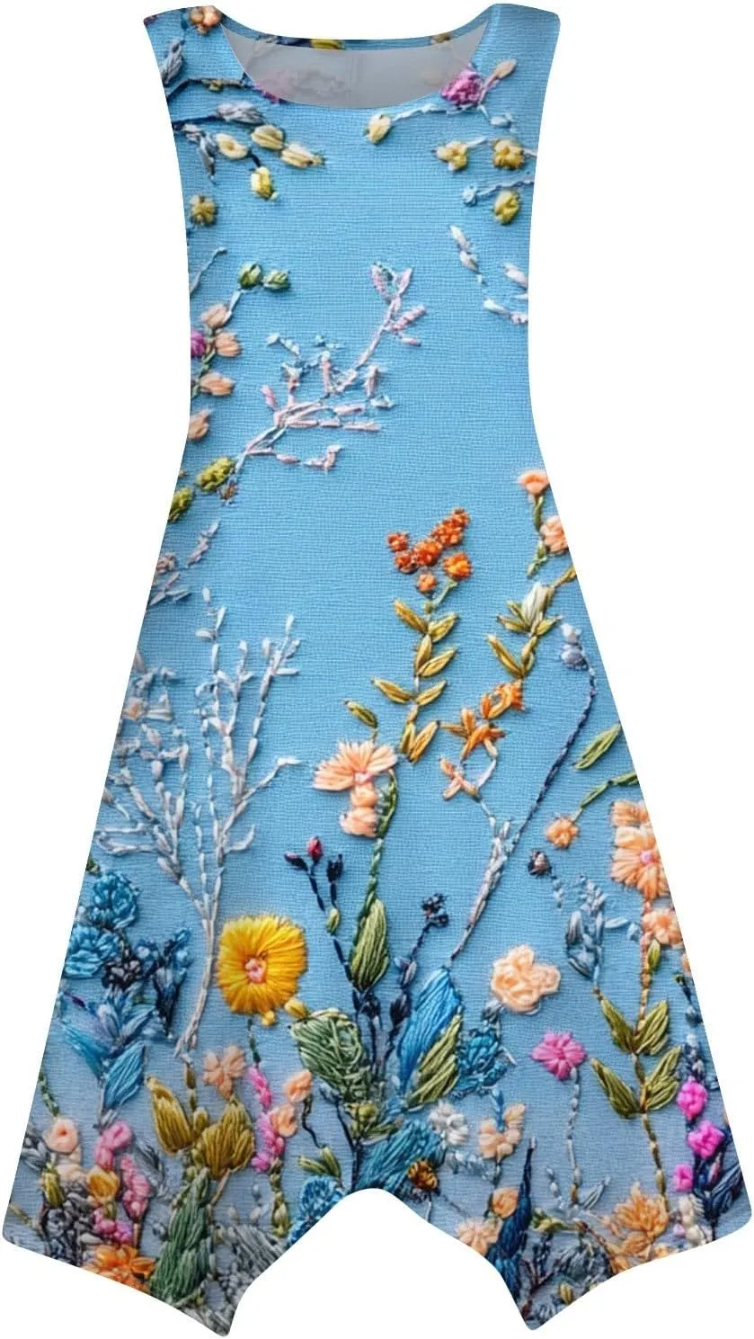Women's Sundresses Round Neck Sleeveless Tank Dress Vintage Floral Print with Irregular Hem Mid Casual Dresses, S-2XL