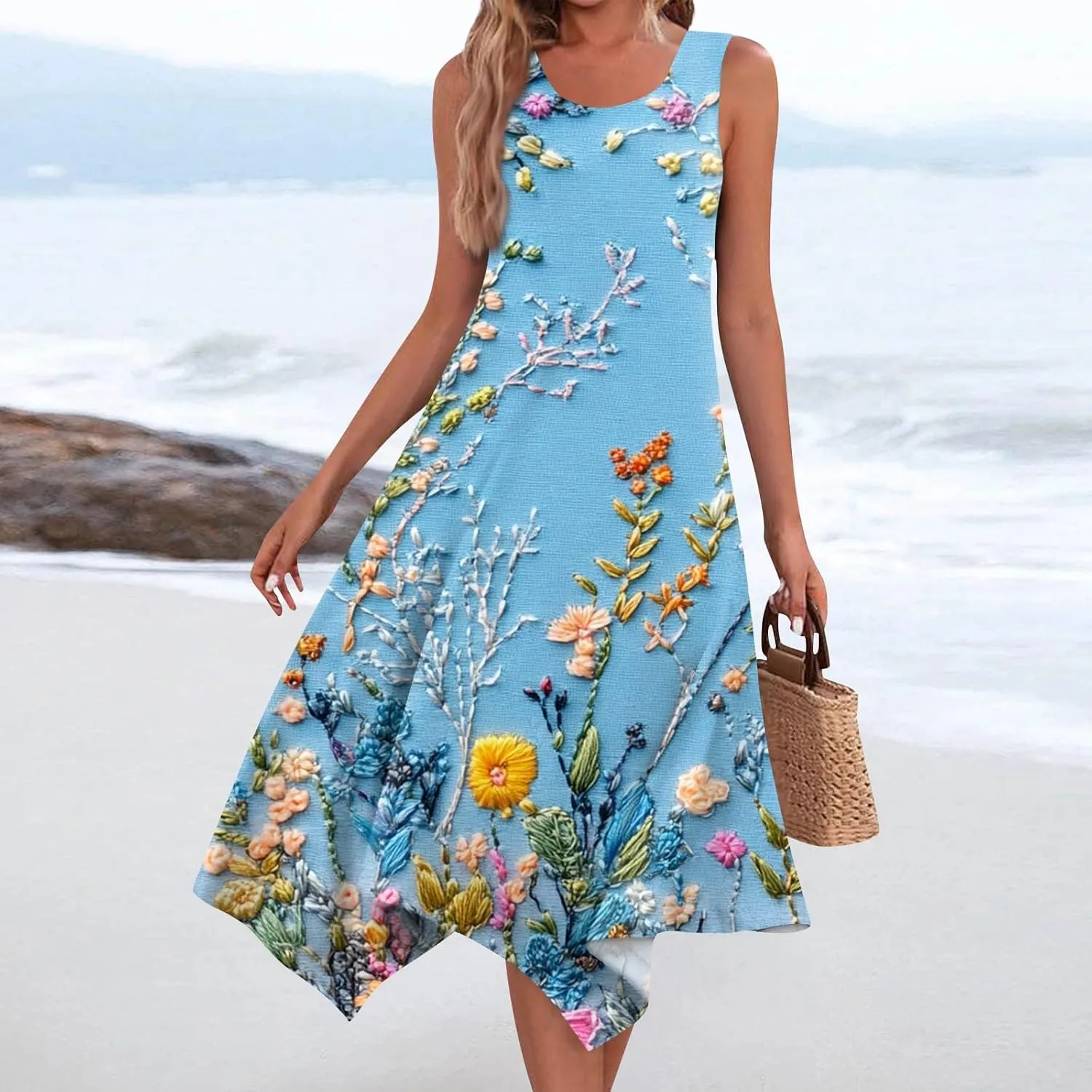 Women's Sundresses Round Neck Sleeveless Tank Dress Vintage Floral Print with Irregular Hem Mid Casual Dresses, S-2XL