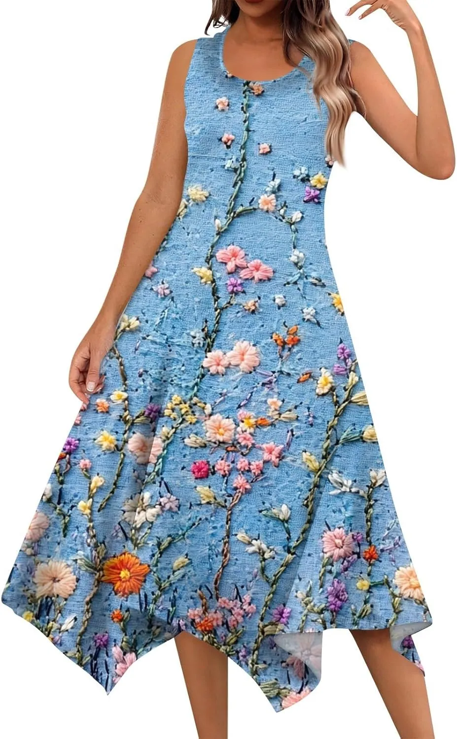 Women's Sundresses Round Neck Sleeveless Tank Dress Vintage Floral Print with Irregular Hem Mid Casual Dresses, S-2XL