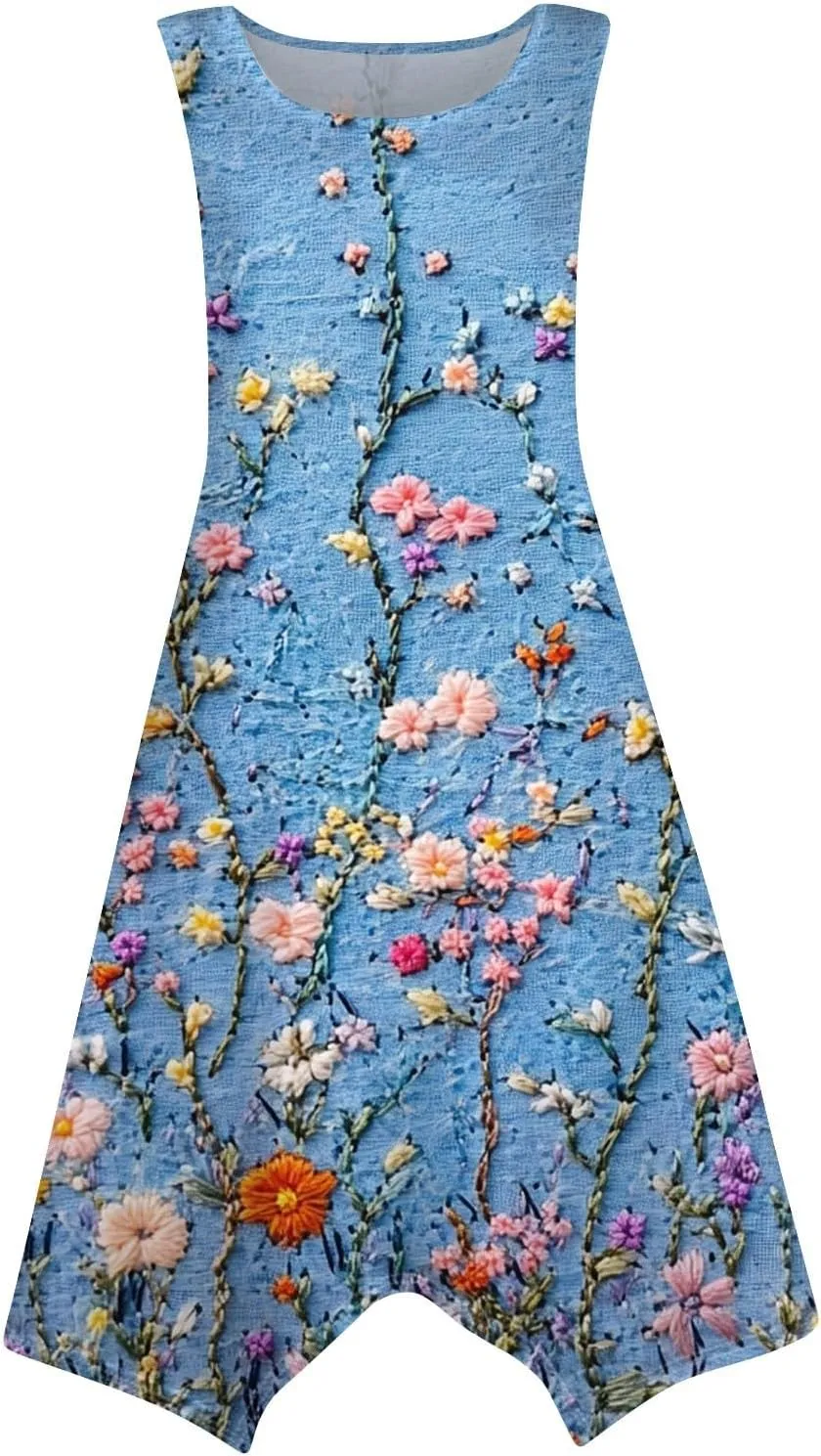 Women's Sundresses Round Neck Sleeveless Tank Dress Vintage Floral Print with Irregular Hem Mid Casual Dresses, S-2XL