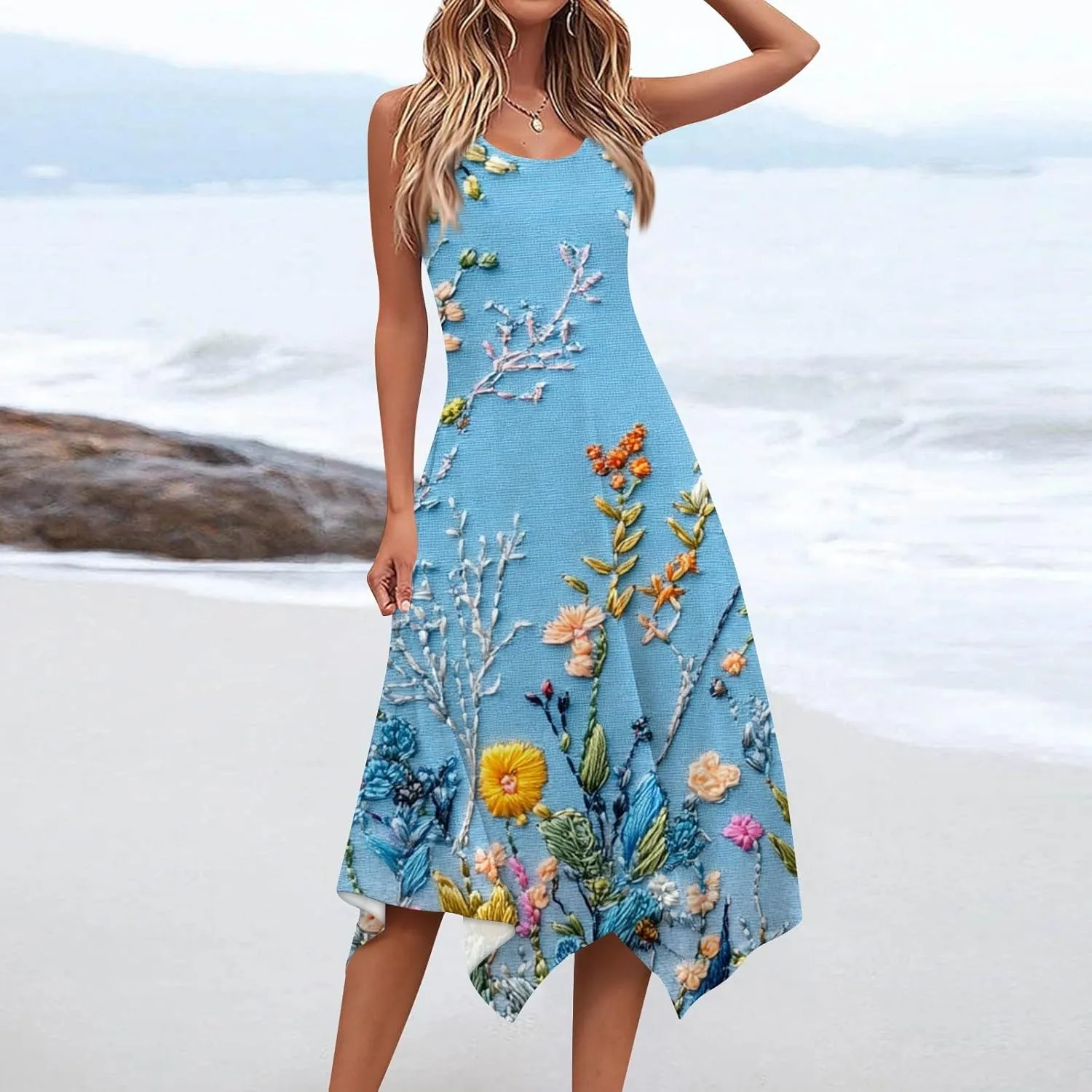 Women's Sundresses Round Neck Sleeveless Tank Dress Vintage Floral Print with Irregular Hem Mid Casual Dresses, S-2XL