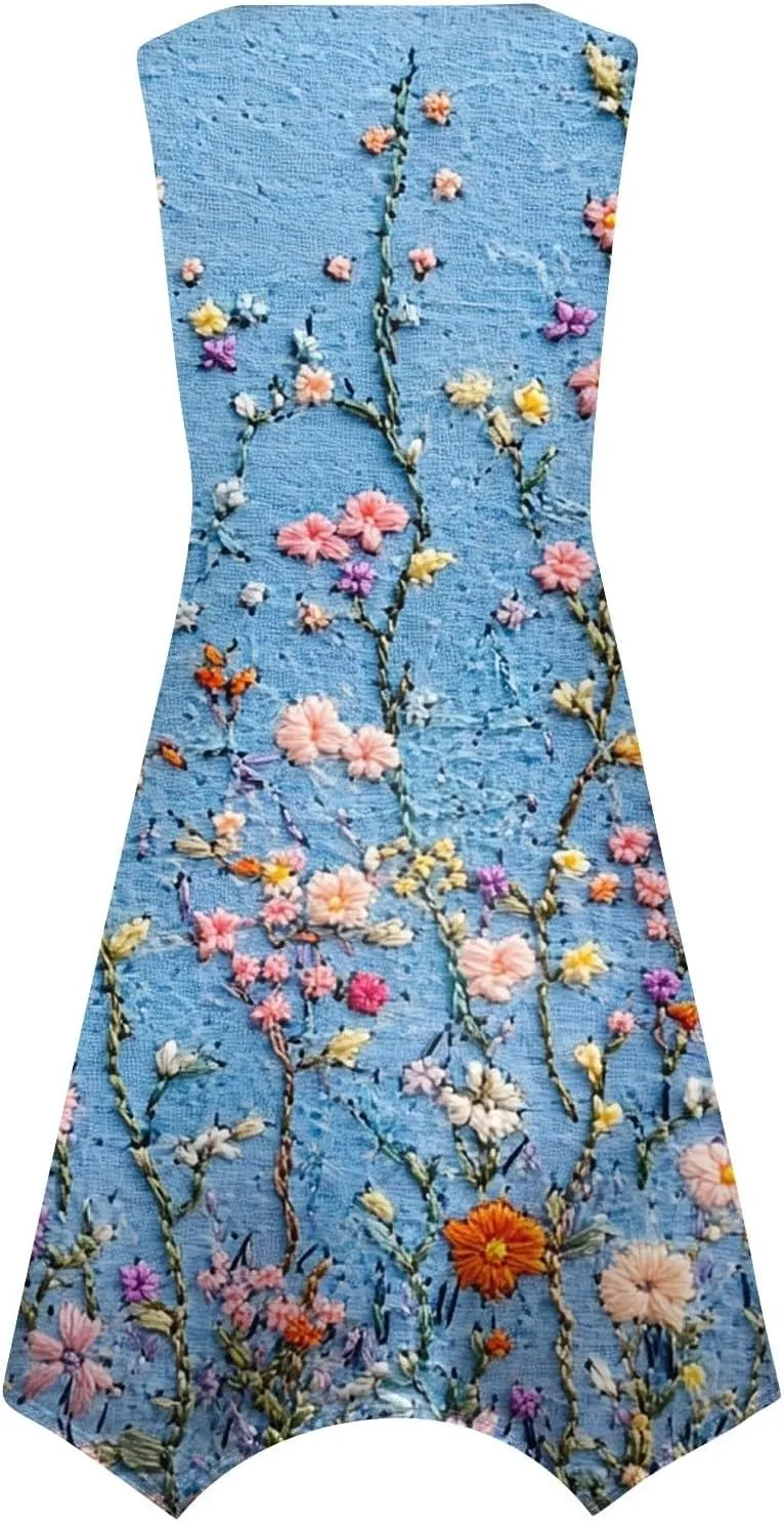 Women's Sundresses Round Neck Sleeveless Tank Dress Vintage Floral Print with Irregular Hem Mid Casual Dresses, S-2XL