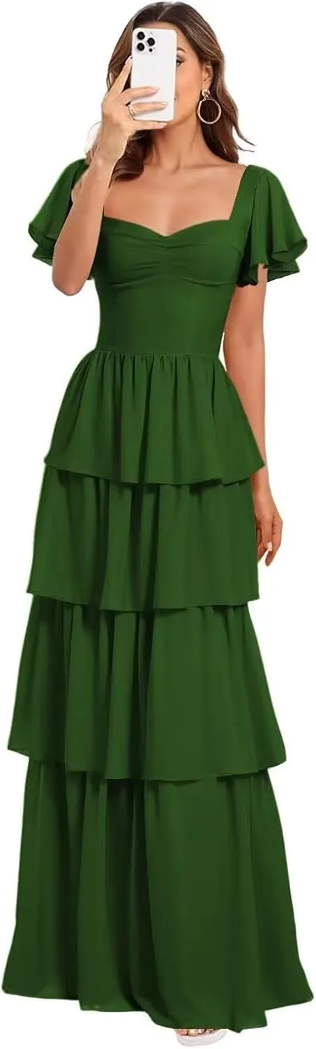 Women's Tiered Bridesmaid Dresses with Sleeves Chiffon Ruffles Prom Dress for Teens Sweetheart A-Line Formal Party Gowns