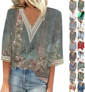 Womens Tops Summer Lace Crochet V Neck 3/4 Sleeve Shirts Vintage Floral Hollow Out Dressy Casual Blouse Sexy Tunic