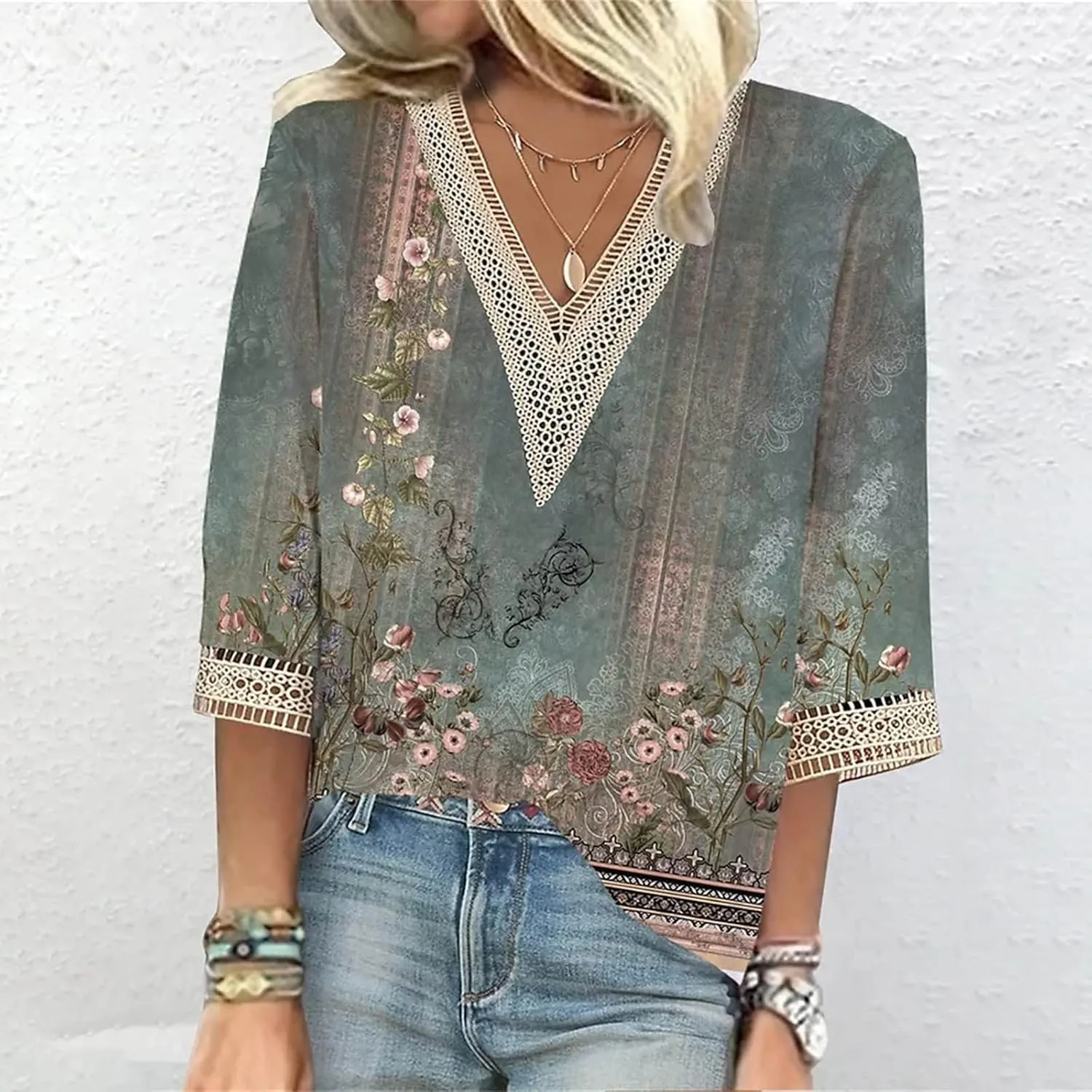 Womens Tops Summer Lace Crochet V Neck 3/4 Sleeve Shirts Vintage Floral Hollow Out Dressy Casual Blouse Sexy Tunic