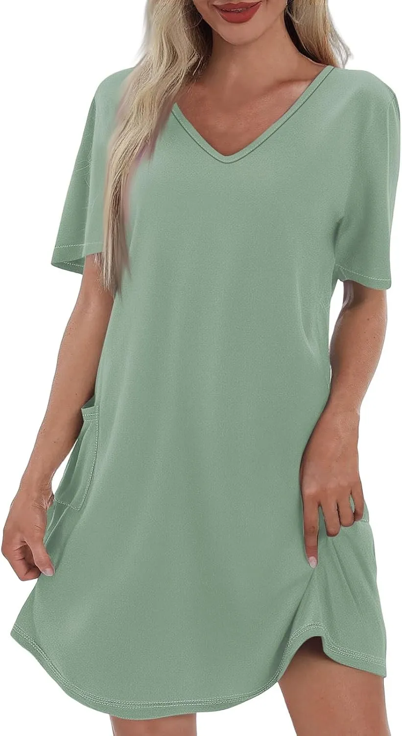 Womens Trendy Summer Short Sleeve Dress Floral Printed Mini Dresses with Pockets V Neck Beach Tshirt Sundress