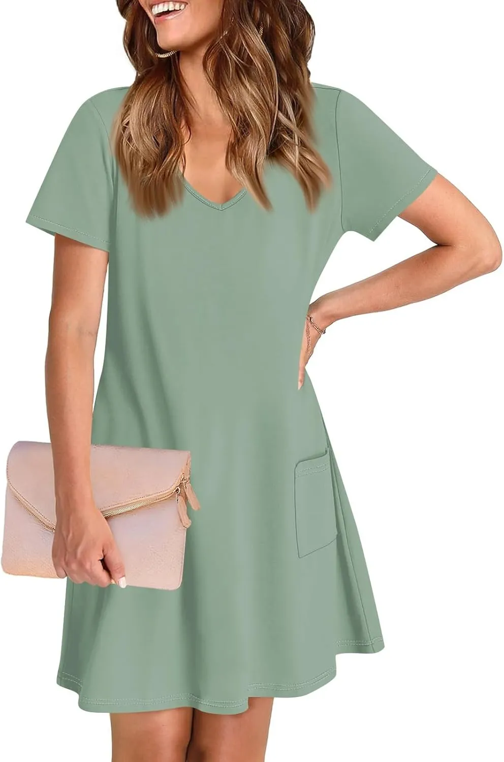 Womens Trendy Summer Short Sleeve Dress Floral Printed Mini Dresses with Pockets V Neck Beach Tshirt Sundress