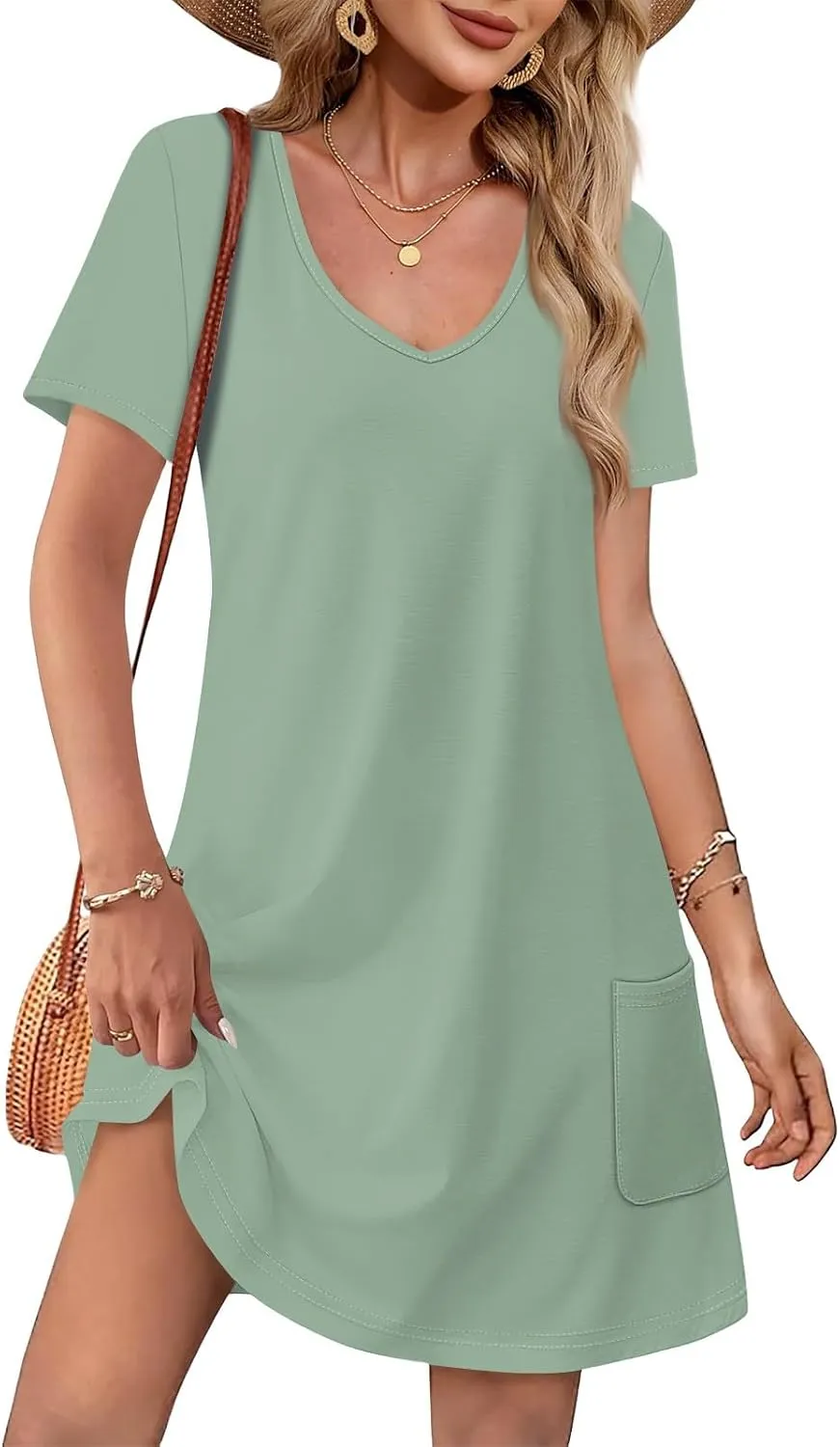 Womens Trendy Summer Short Sleeve Dress Floral Printed Mini Dresses with Pockets V Neck Beach Tshirt Sundress
