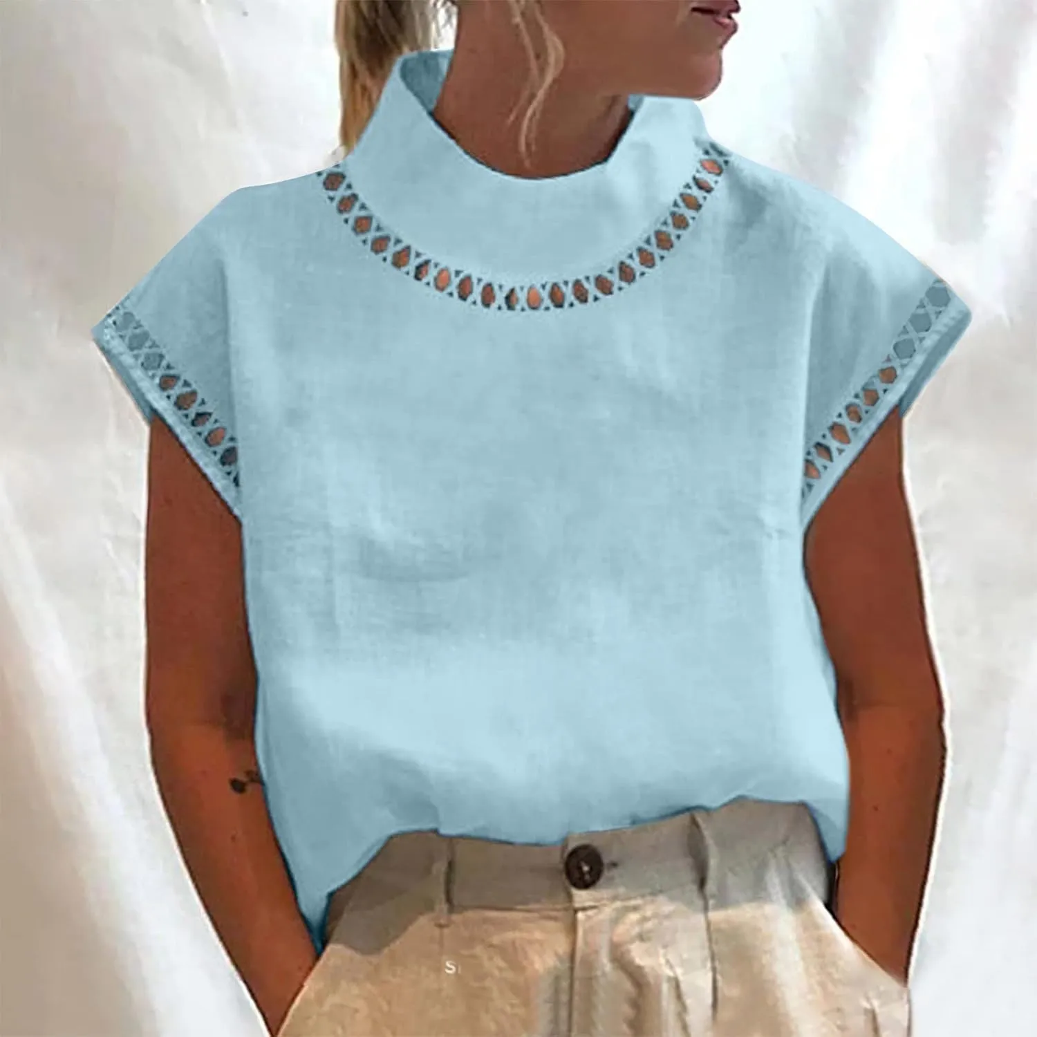 Womens Tshirts Cotton Linen High Neck Cap Sleeve Shirt Summer Fashion Casual Cotton Linen Blouses Trendy Tops