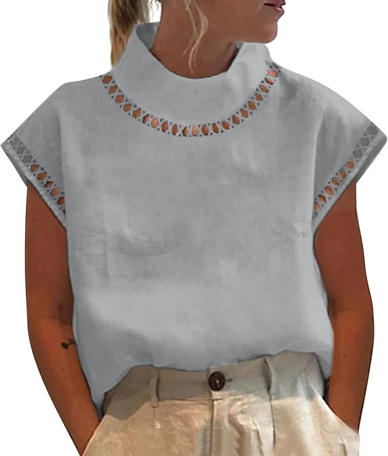 Womens Tshirts Cotton Linen High Neck Cap Sleeve Shirt Summer Fashion Casual Cotton Linen Blouses Trendy Tops
