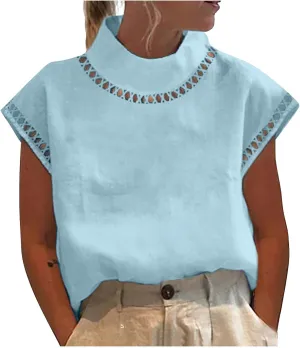 Womens Tshirts Cotton Linen High Neck Cap Sleeve Shirt Summer Fashion Casual Cotton Linen Blouses Trendy Tops
