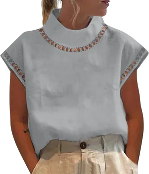 Womens Tshirts Cotton Linen High Neck Cap Sleeve Shirt Summer Fashion Casual Cotton Linen Blouses Trendy Tops