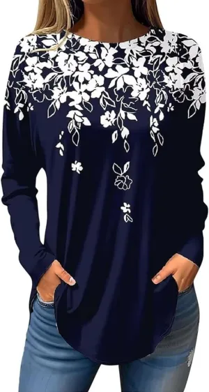 Womens Tunic Shirts Loose Fit Bohemian Floral Print T Shirts Crew Neck Pullover Casual Long Sleeve Tops for Leggings
