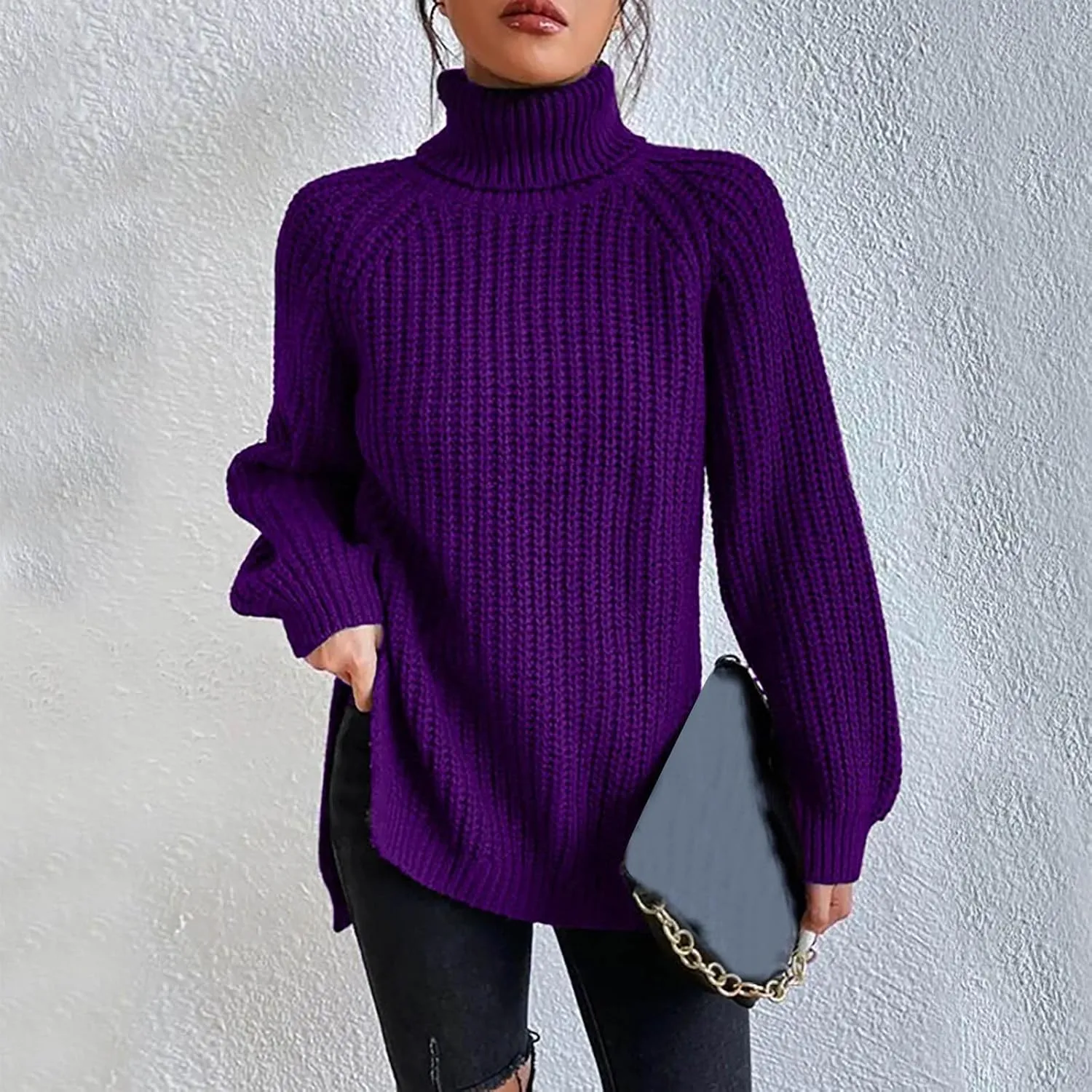 Women's Turtleneck Sweaters Slouchy Knit Chunky Sweater Fall Winter Fashion Cable Weaving Long Sleeve Pullover
