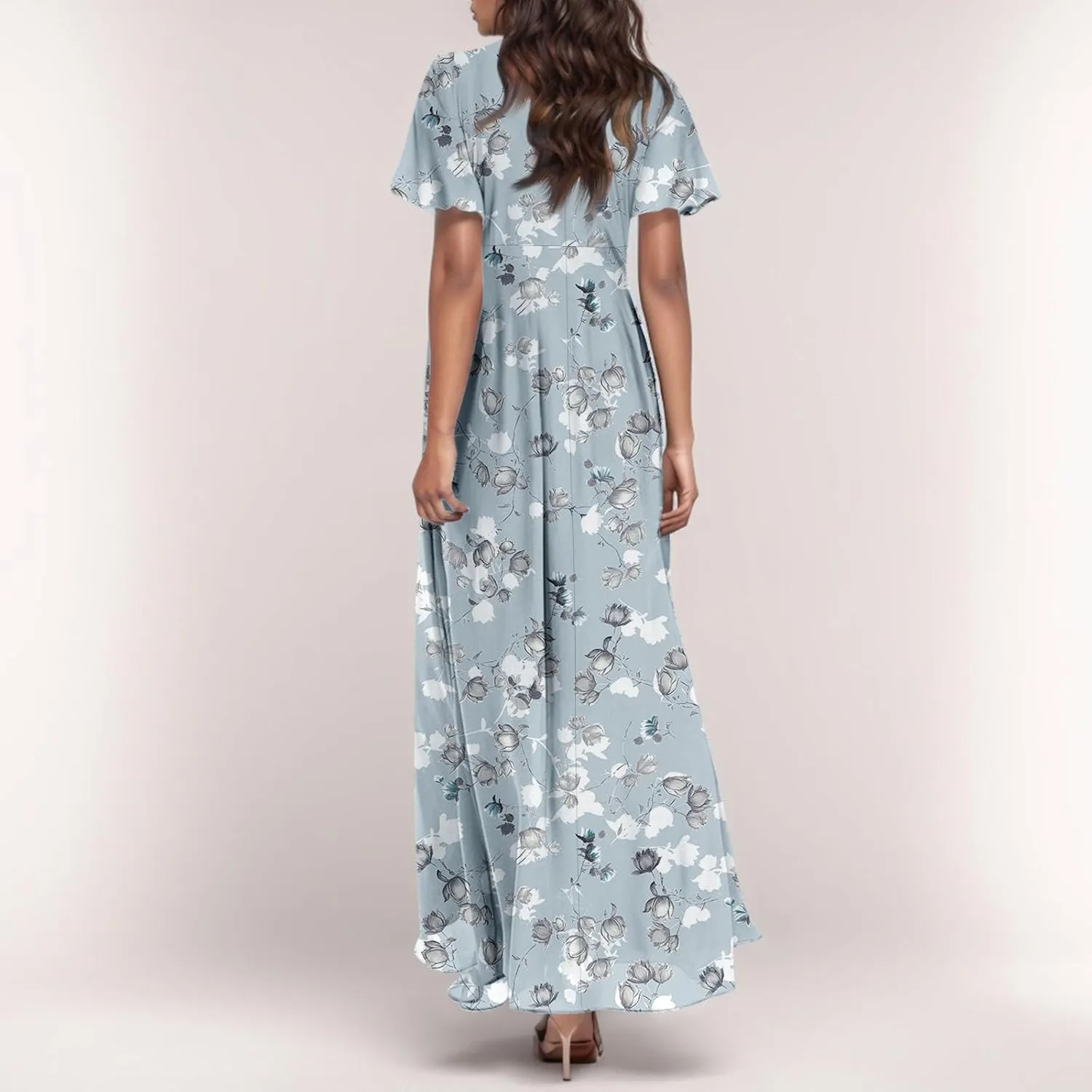 Women's Vacation Dresses 2025 Long Chiffon Floral Short Sleeves Ruffle V Neck Fashion A-Line High Wasit Dress, XS-2XL