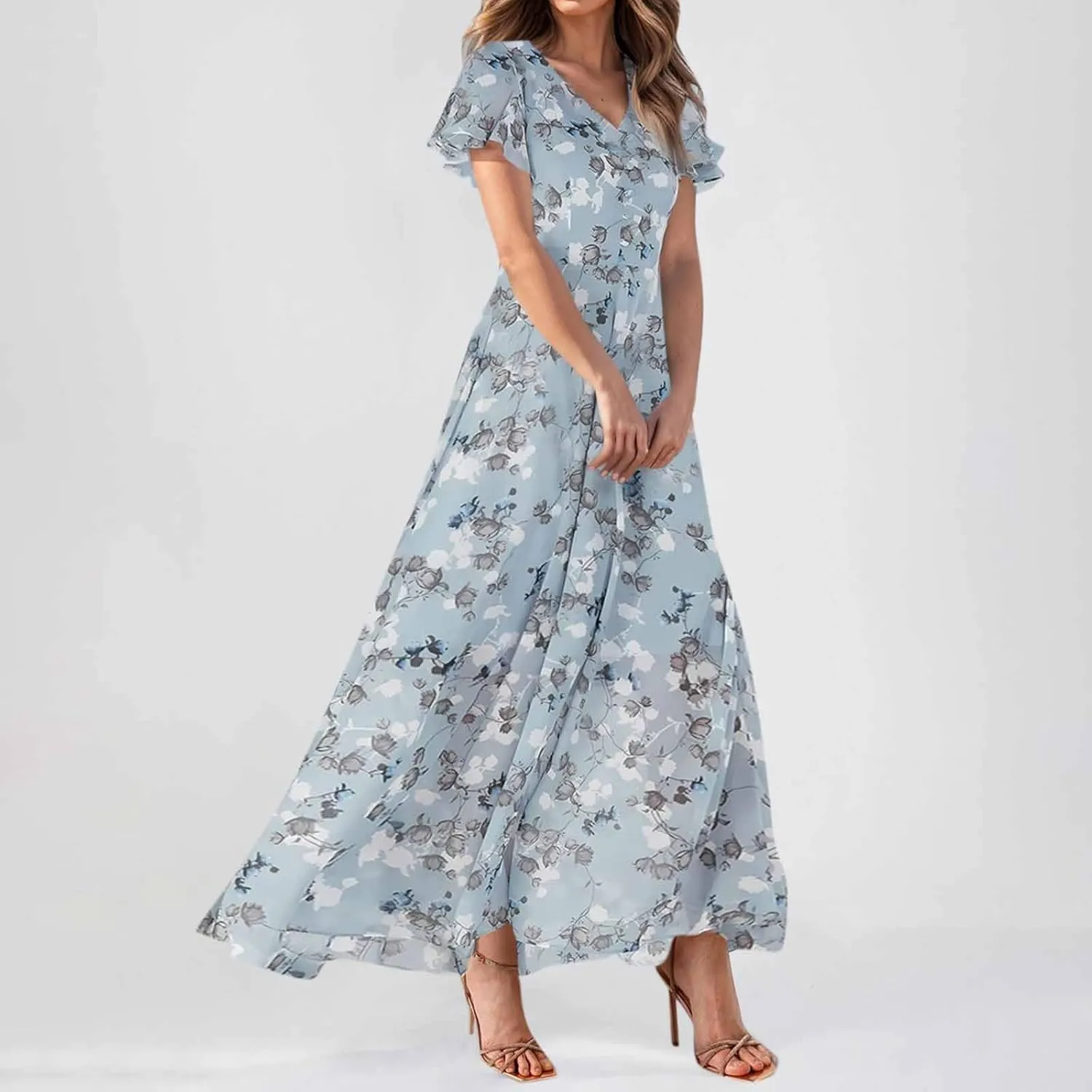 Women's Vacation Dresses 2025 Long Chiffon Floral Short Sleeves Ruffle V Neck Fashion A-Line High Wasit Dress, XS-2XL