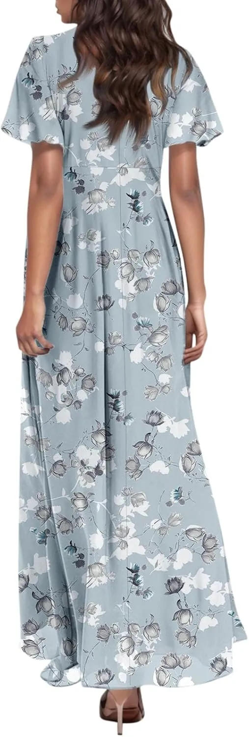 Women's Vacation Dresses 2025 Long Chiffon Floral Short Sleeves Ruffle V Neck Fashion A-Line High Wasit Dress, XS-2XL