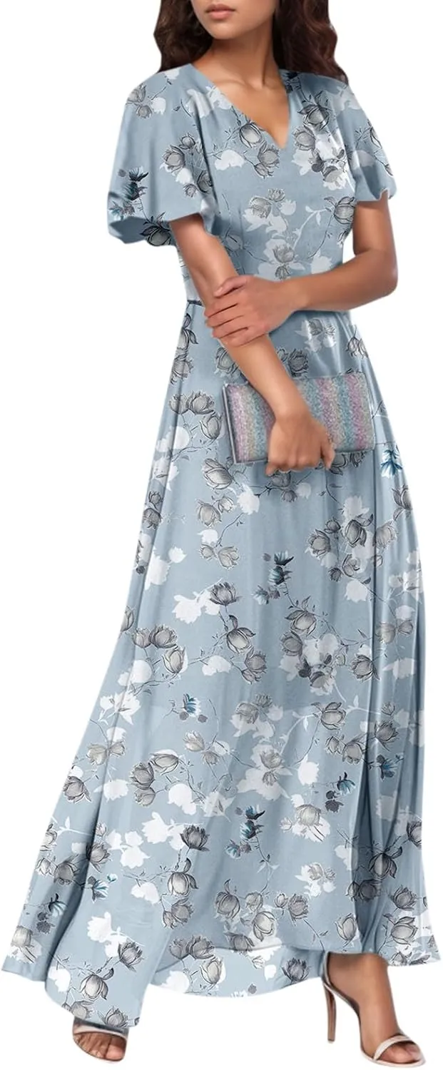 Women's Vacation Dresses 2025 Long Chiffon Floral Short Sleeves Ruffle V Neck Fashion A-Line High Wasit Dress, XS-2XL