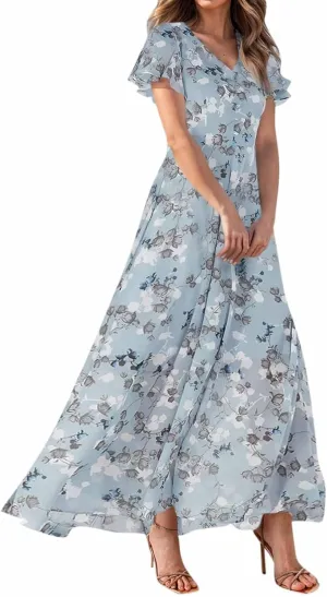 Women's Vacation Dresses 2025 Long Chiffon Floral Short Sleeves Ruffle V Neck Fashion A-Line High Wasit Dress, XS-2XL