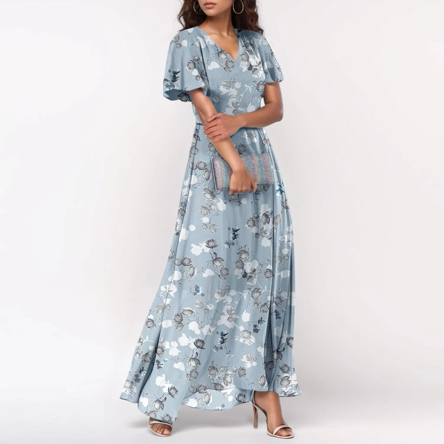 Women's Vacation Dresses 2025 Long Chiffon Floral Short Sleeves Ruffle V Neck Fashion A-Line High Wasit Dress, XS-2XL