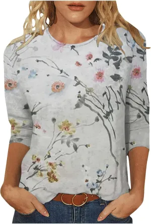Womens Vintage Print Summer Blouses Elbow Length Casual Tops 3/4 Sleeve Tshirts Shirts Loose Fit Ladies Clothing 2024