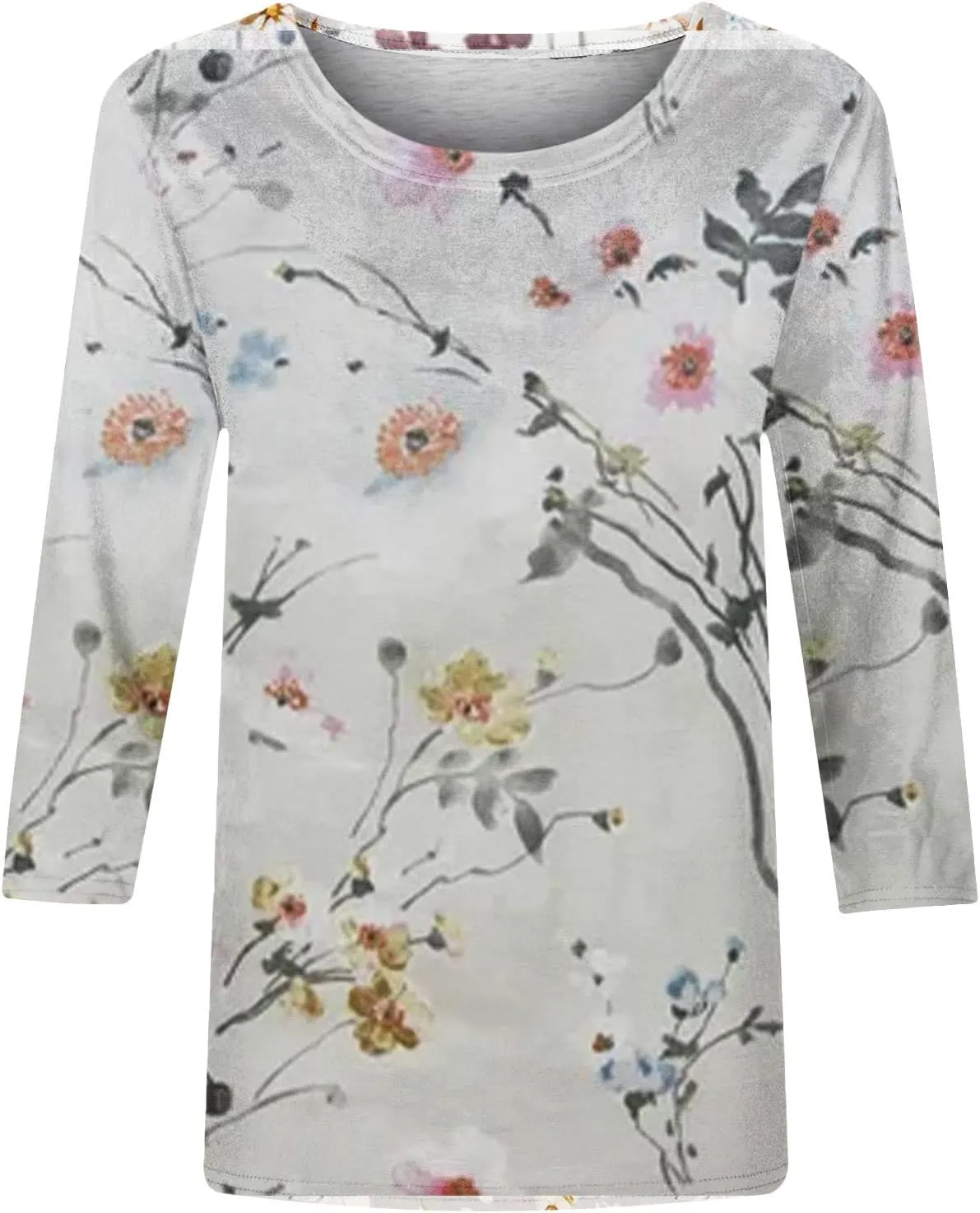 Womens Vintage Print Summer Blouses Elbow Length Casual Tops 3/4 Sleeve Tshirts Shirts Loose Fit Ladies Clothing 2024