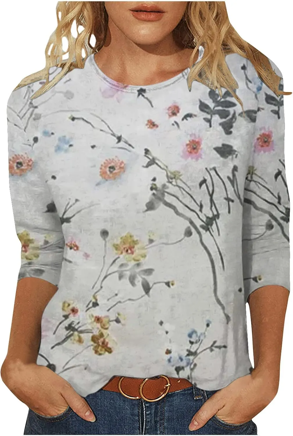 Womens Vintage Print Summer Blouses Elbow Length Casual Tops 3/4 Sleeve Tshirts Shirts Loose Fit Ladies Clothing 2024