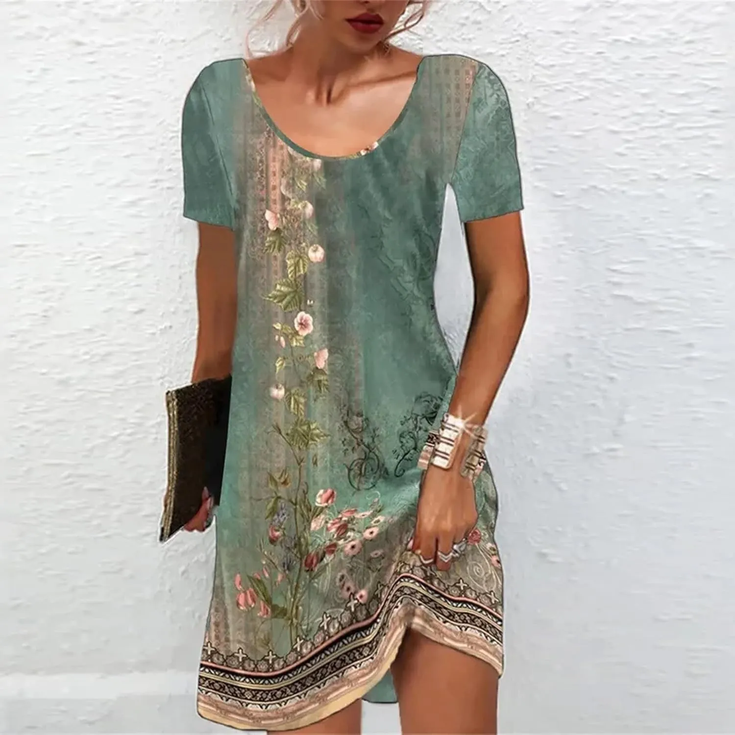 Women's Vintage Printed Boho Dress Round-Neck Short Sleeved Mini Dress Classic Summer Beach Dress Sun Dress