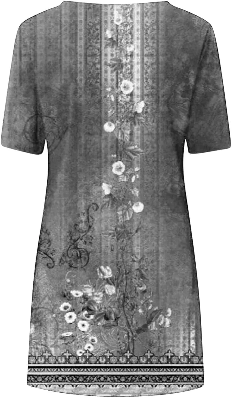 Women's Vintage Printed Boho Dress Round-Neck Short Sleeved Mini Dress Classic Summer Beach Dress Sun Dress