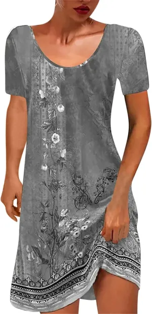 Women's Vintage Printed Boho Dress Round-Neck Short Sleeved Mini Dress Classic Summer Beach Dress Sun Dress