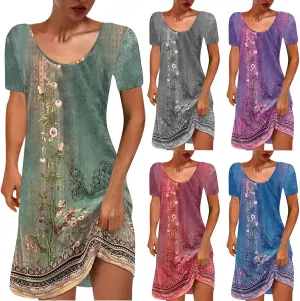 Women's Vintage Printed Boho Dress Round-Neck Short Sleeved Mini Dress Classic Summer Beach Dress Sun Dress