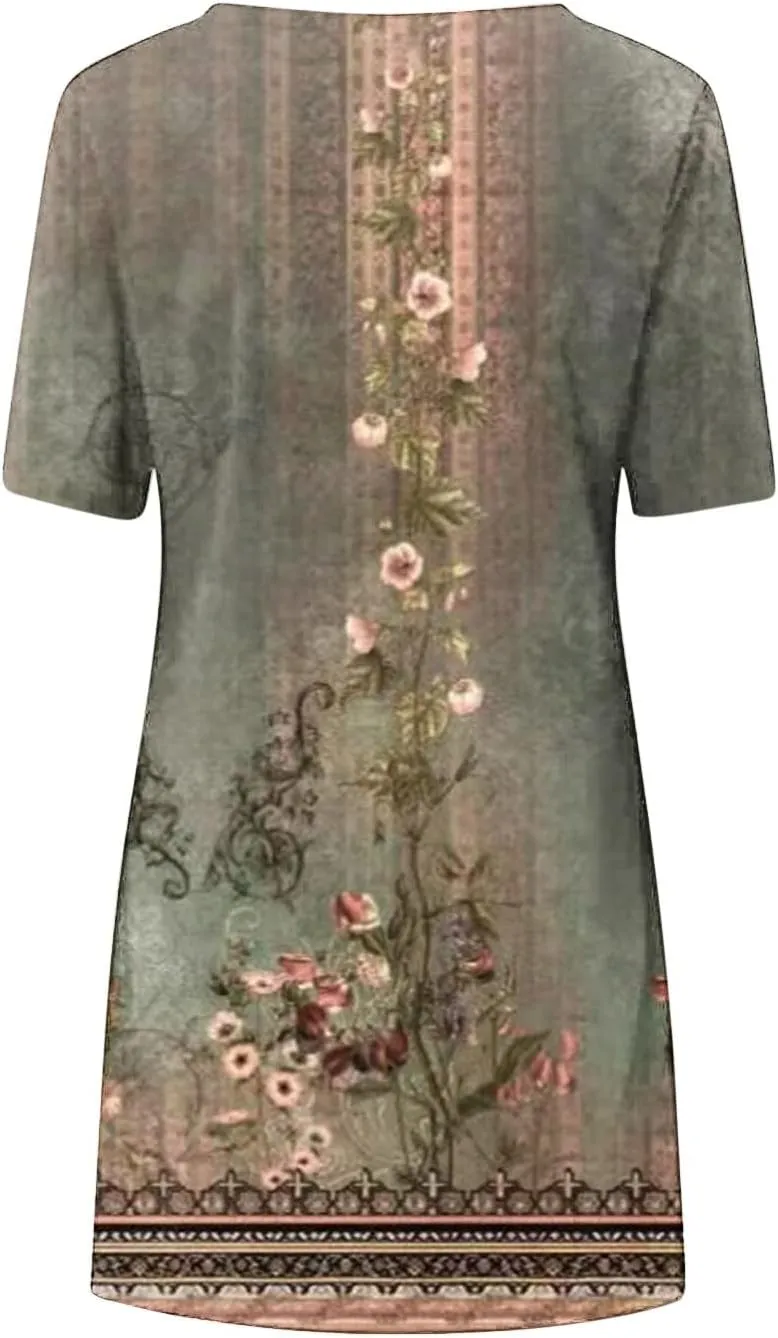 Women's Vintage Printed Boho Dress Round-Neck Short Sleeved Mini Dress Classic Summer Beach Dress Sun Dress