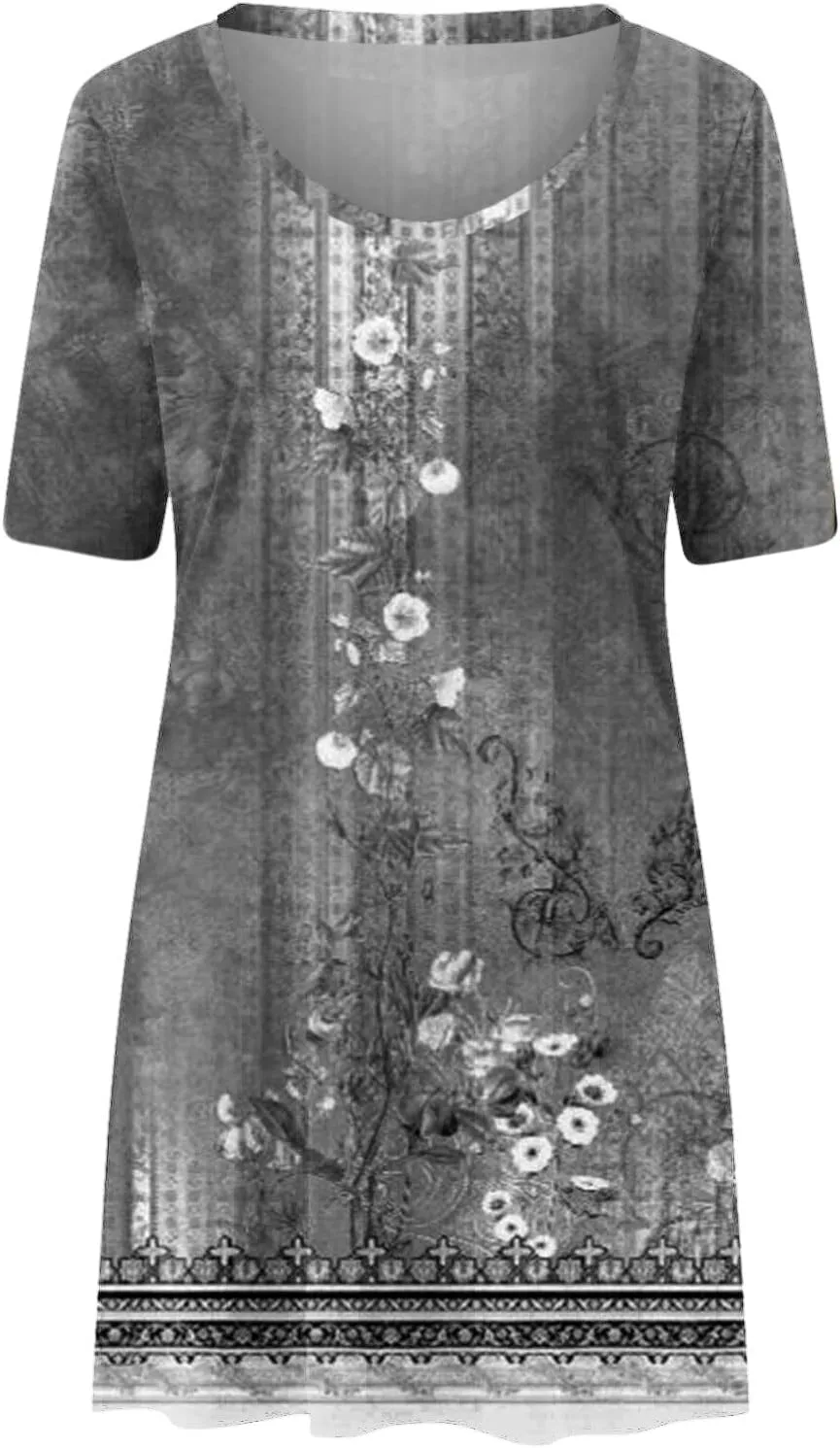 Women's Vintage Printed Boho Dress Round-Neck Short Sleeved Mini Dress Classic Summer Beach Dress Sun Dress
