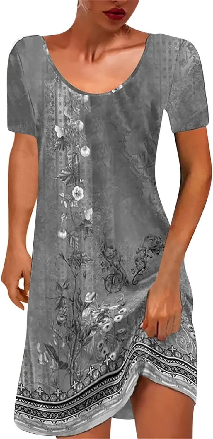 Women's Vintage Printed Boho Dress Round-Neck Short Sleeved Mini Dress Classic Summer Beach Dress Sun Dress